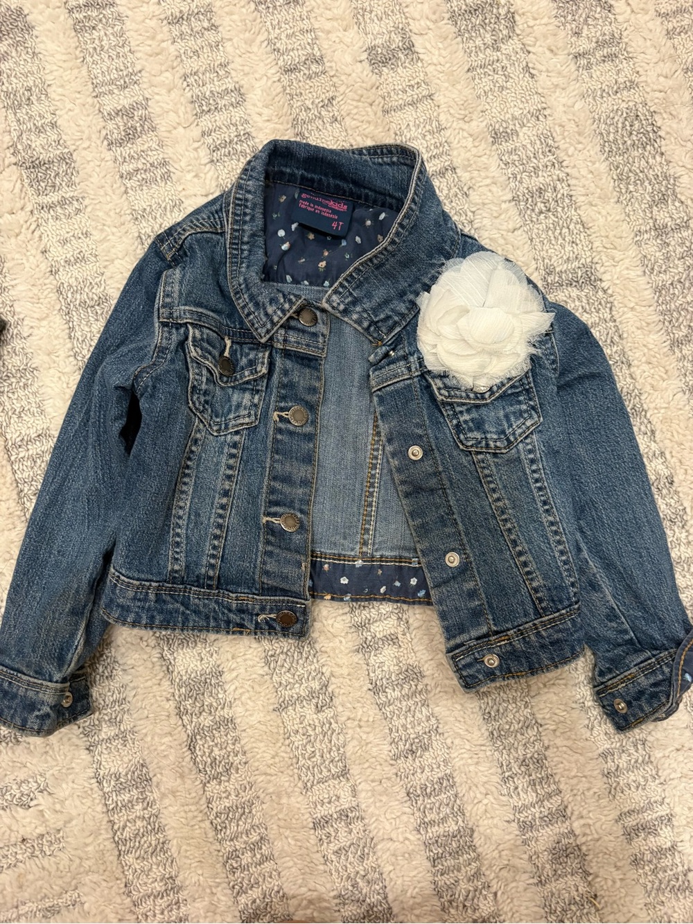 Girls' Dark Blue Denim Jacket with White Flower Accent